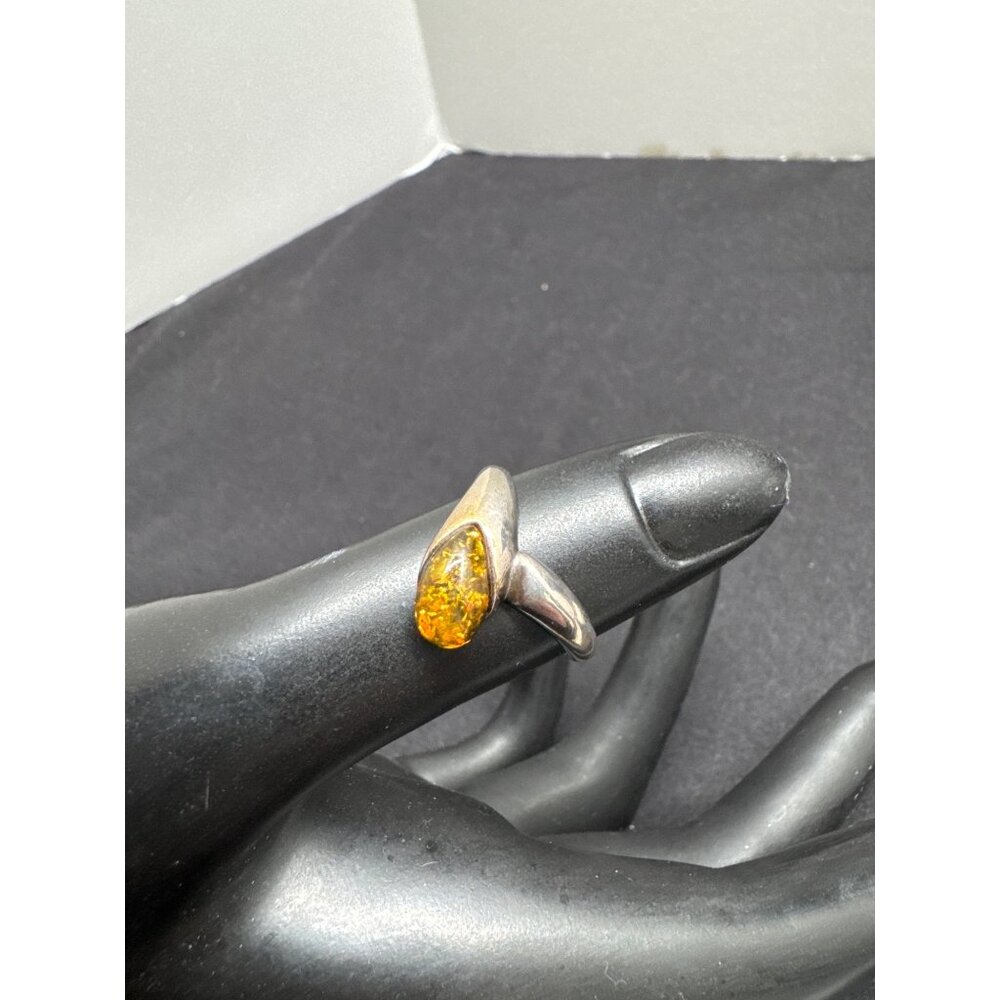 Sterling Silver 925 Ring With Amber Teardrop Gemstone Size 7 Elegant Minimalist